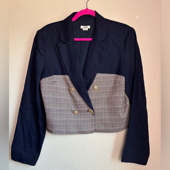 Jason Wu Navy Linen & Plaid Mixed Media Double Breasted Cropped Blazer L - Picture 3 of 12